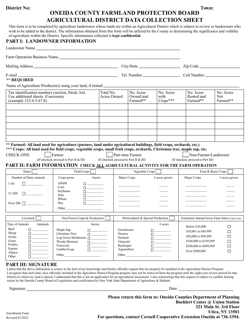 Oneida County, New York Agricultural District Data Collection Sheet
