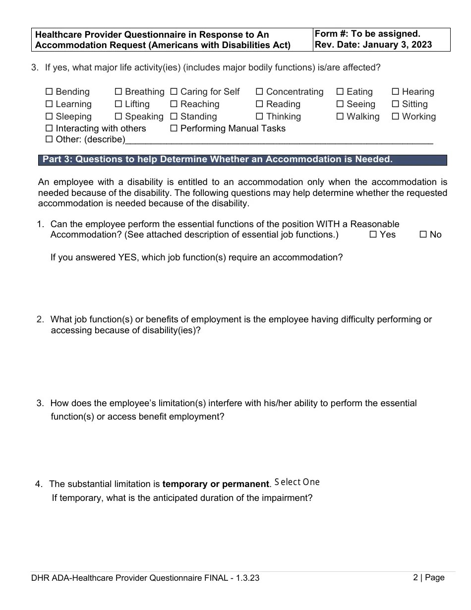 Delaware Healthcare Provider Questionnaire in Response to an