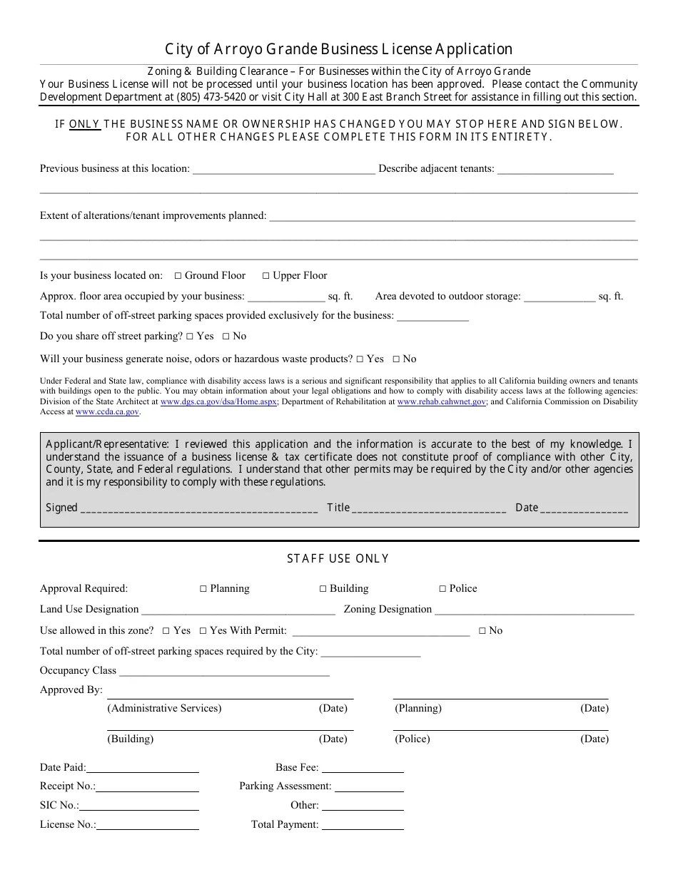 City of Arroyo Grande, California Business License Application Fill