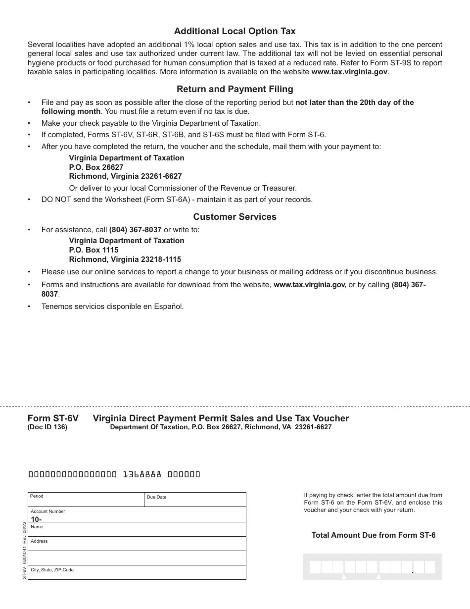 Form ST6 Download Fillable PDF or Fill Online Virginia Direct Payment