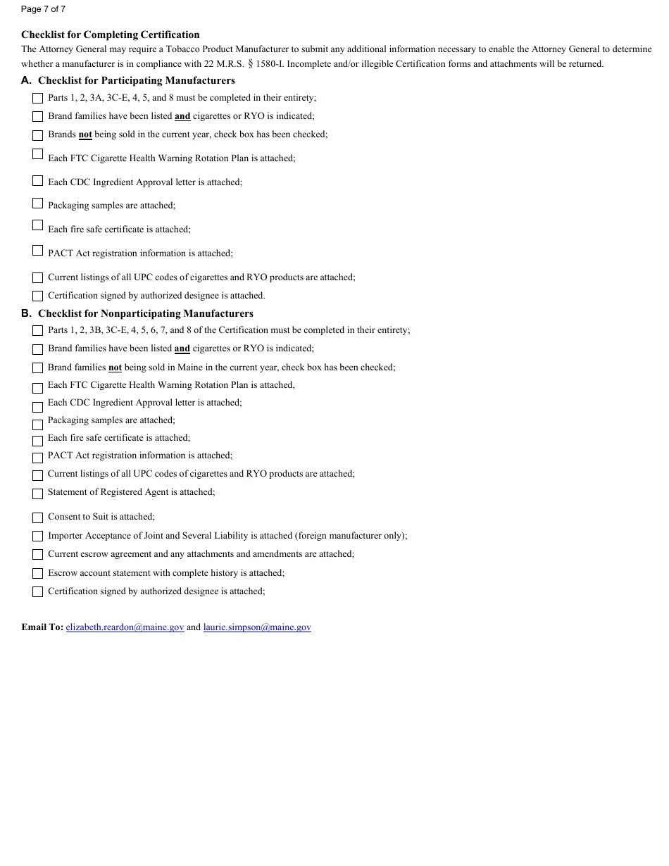 2023 Maine Tobacco Product Manufacturer Certification Fill Out, Sign