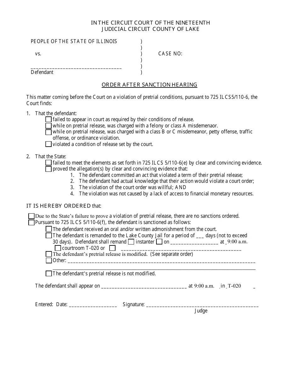 Lake County, Illinois Order After Sanction Hearing Fill Out, Sign