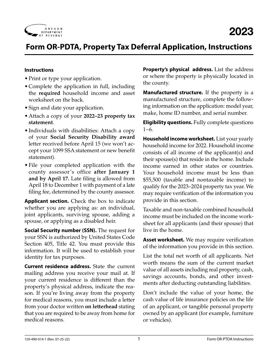Download Instructions for Form ORPDTA, 150490014 Property Tax