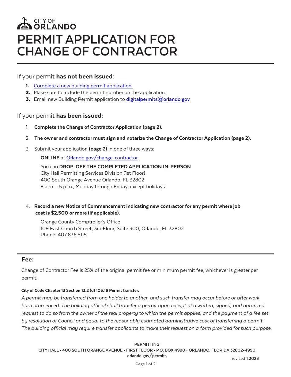 City of Orlando, Florida Permit Application for Change of Contractor