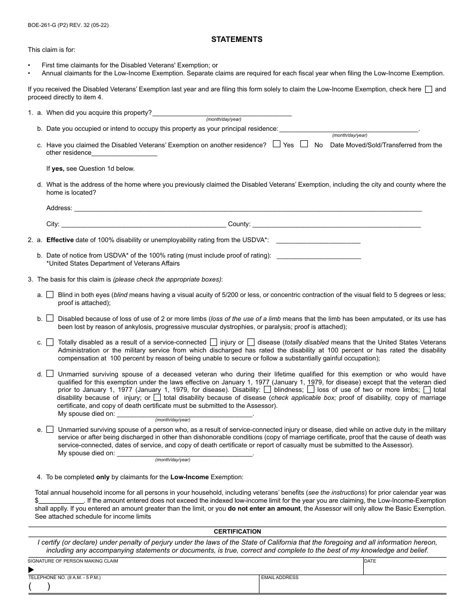 Form BOE261G Download Fillable PDF or Fill Online Claim for Disabled