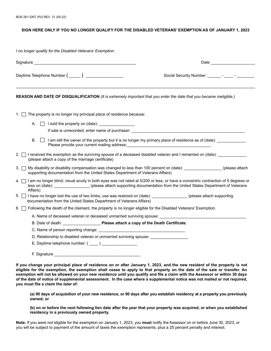 Form BOE261GNT Download Fillable PDF or Fill Online Disabled Veterans