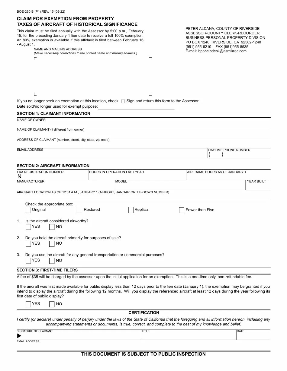 Form BOE260B Download Fillable PDF or Fill Online Claim for Exemption From Property Taxes of