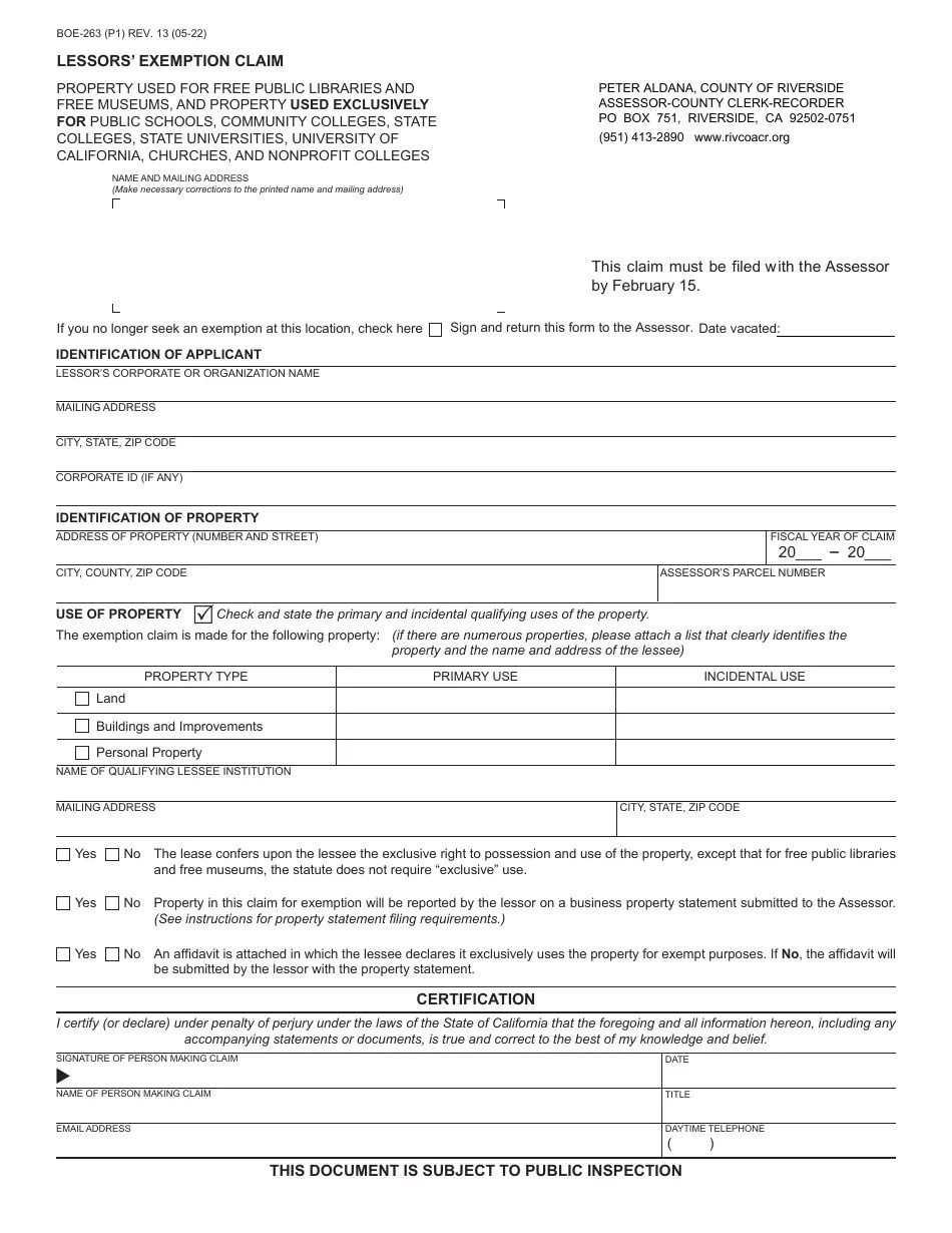 Form BOE263 Download Fillable PDF or Fill Online Lessors' Exemption