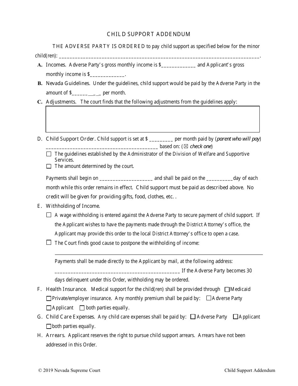 Nevada Child Support Addendum Fill Out, Sign Online and Download PDF