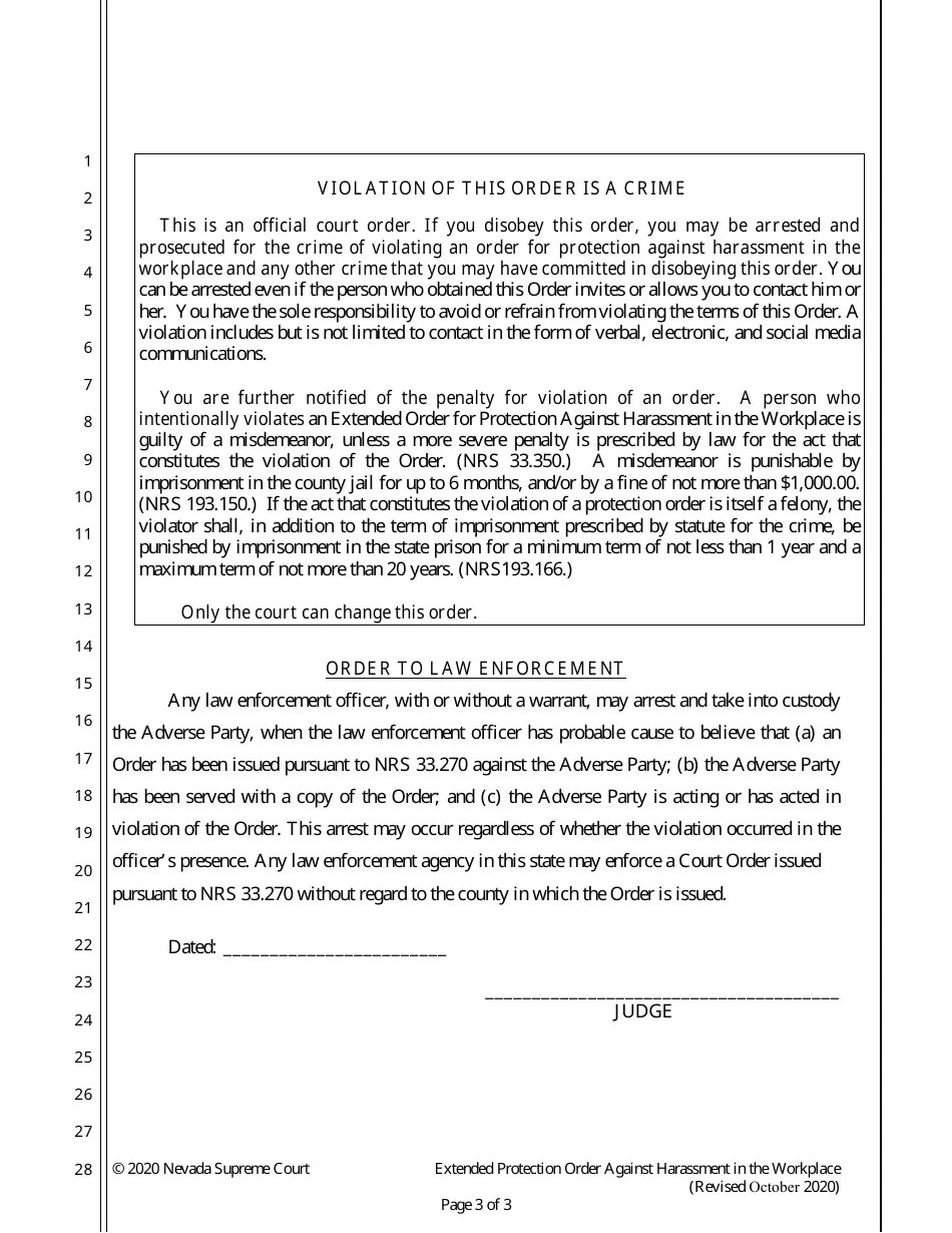 Nevada Extended Protection Order Against Harassment in the Workplace