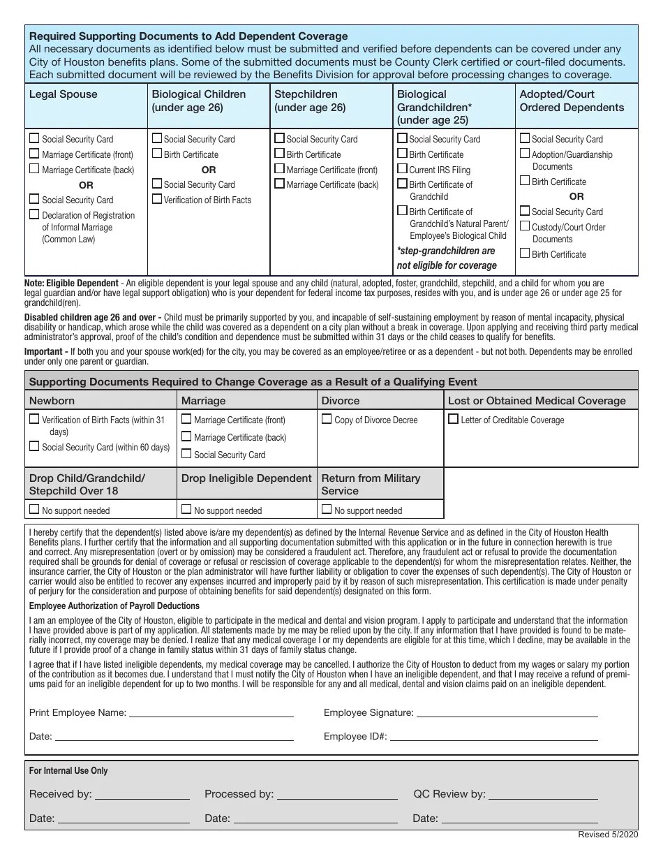 City of Houston, Texas Benefits Eligibility Processing Form Fill Out