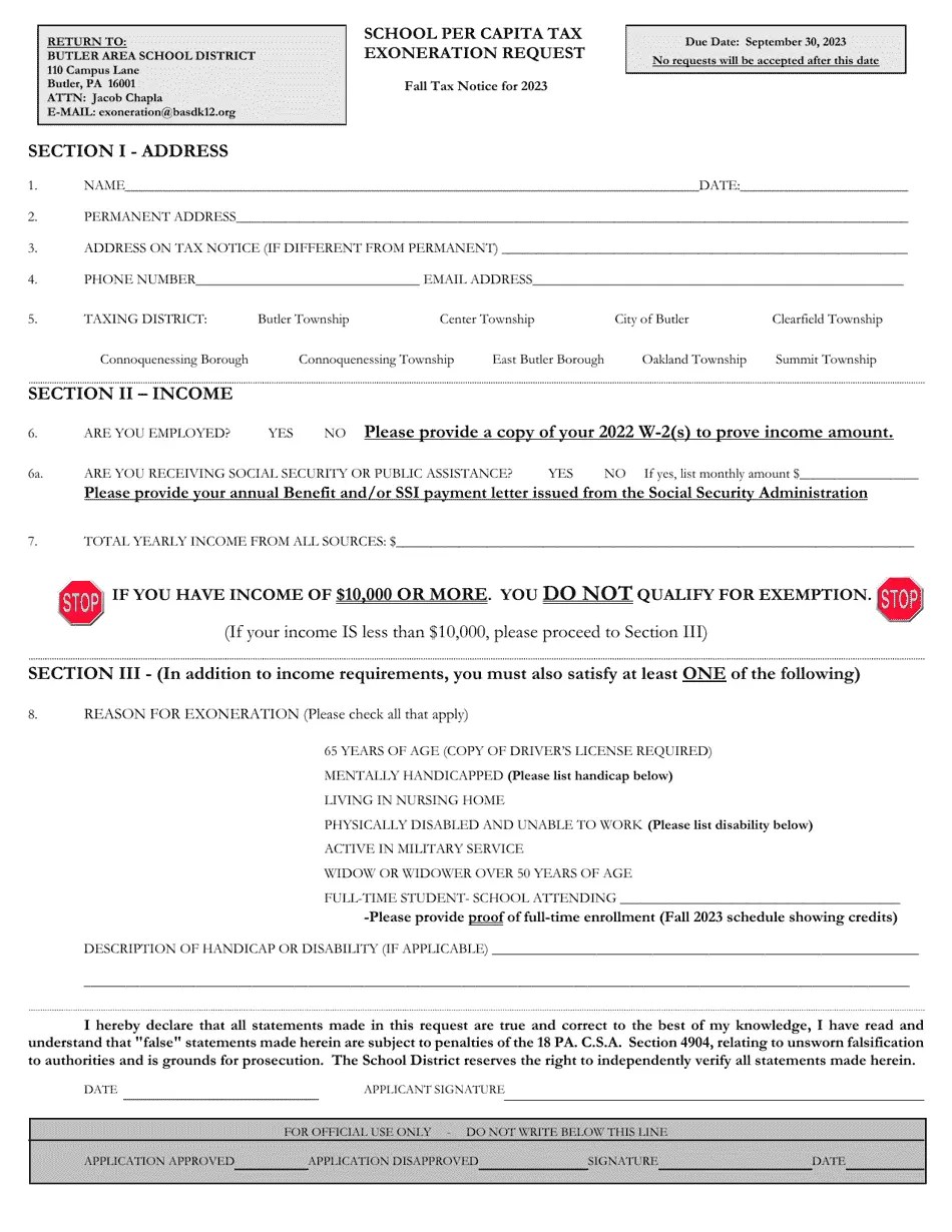 2023 Pennsylvania Butler Area School District Per Capita Tax
