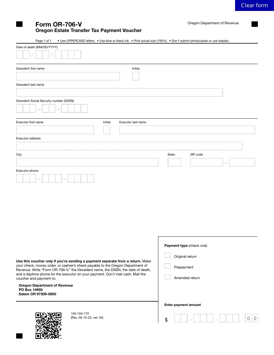 Form OR706V (150104172) Download Fillable PDF or Fill Online Oregon