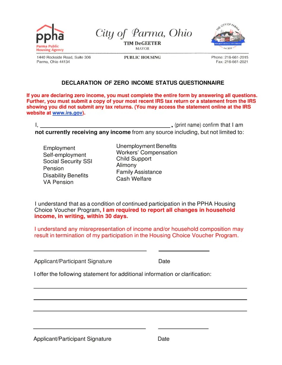 City of Parma, Ohio Declaration of Zero Status Questionnaire