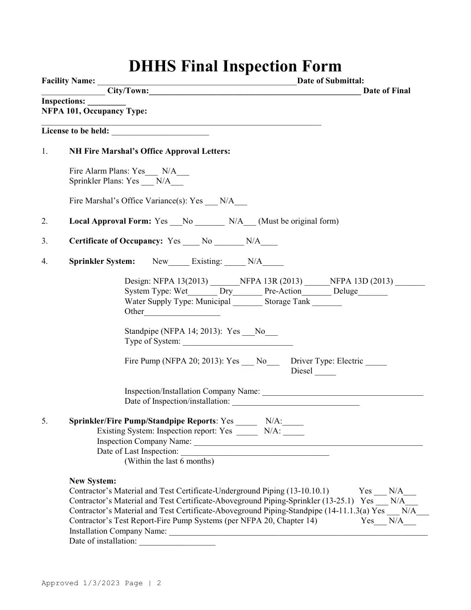 2023 New Hampshire Dhhs Final Inspection for Licensure (Life Safety