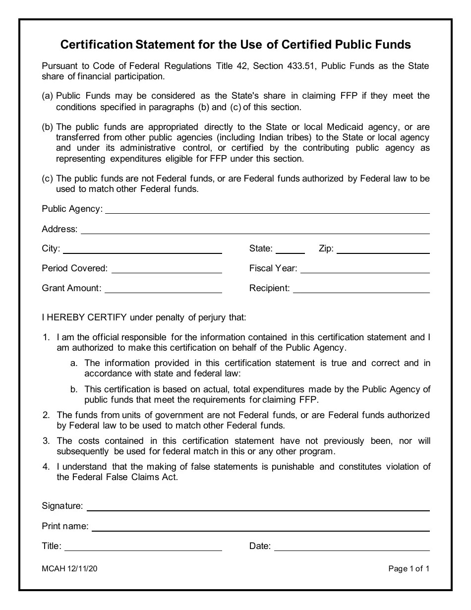 California Certification Statement for the Use of Certified Public