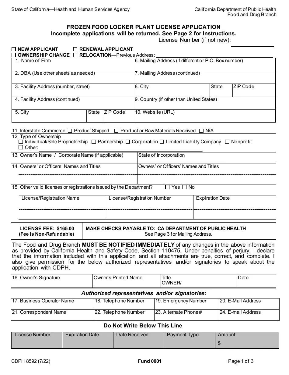 Form CDPH8592 Download Fillable PDF or Fill Online Frozen Food Locker