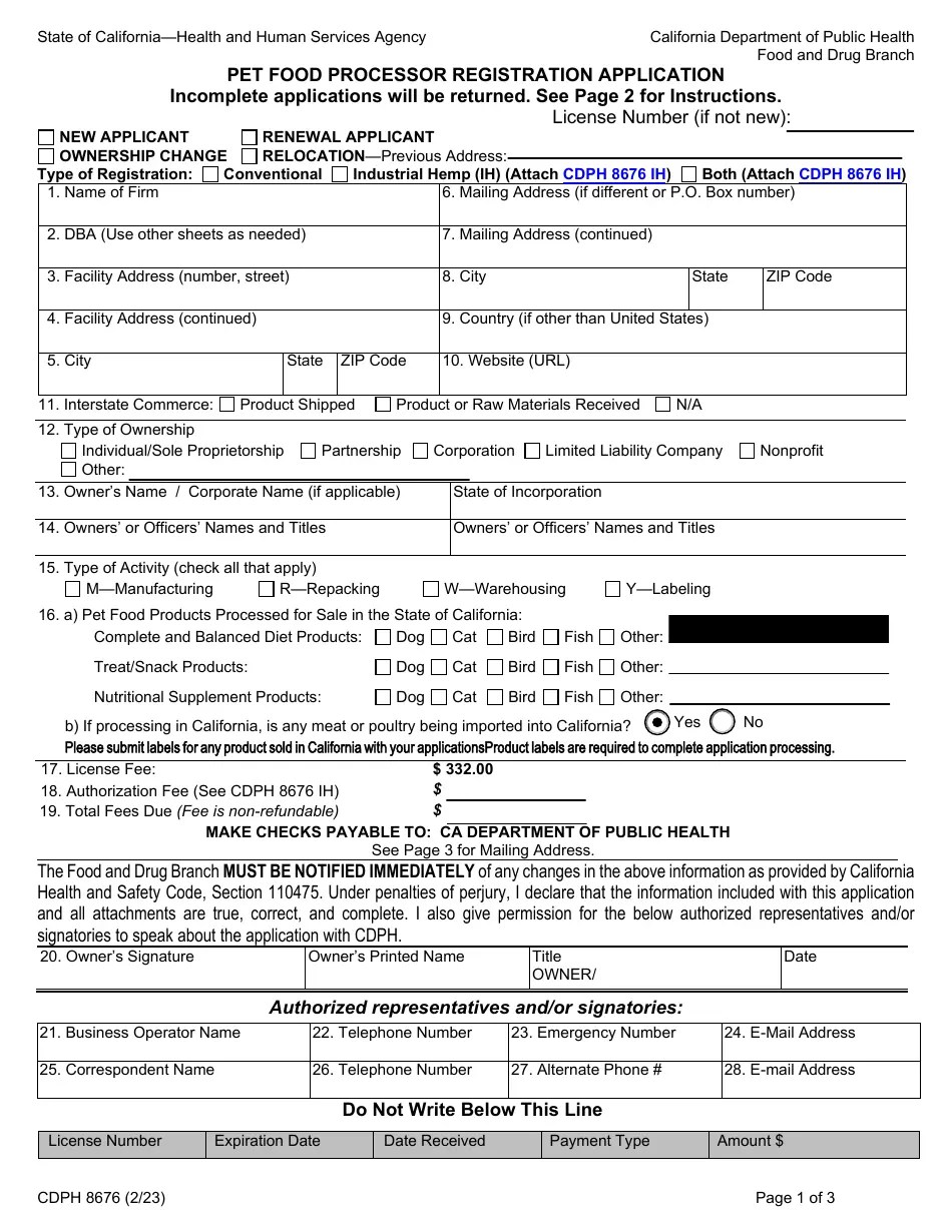 Form CDPH8676 Download Fillable PDF or Fill Online Pet Food Processor