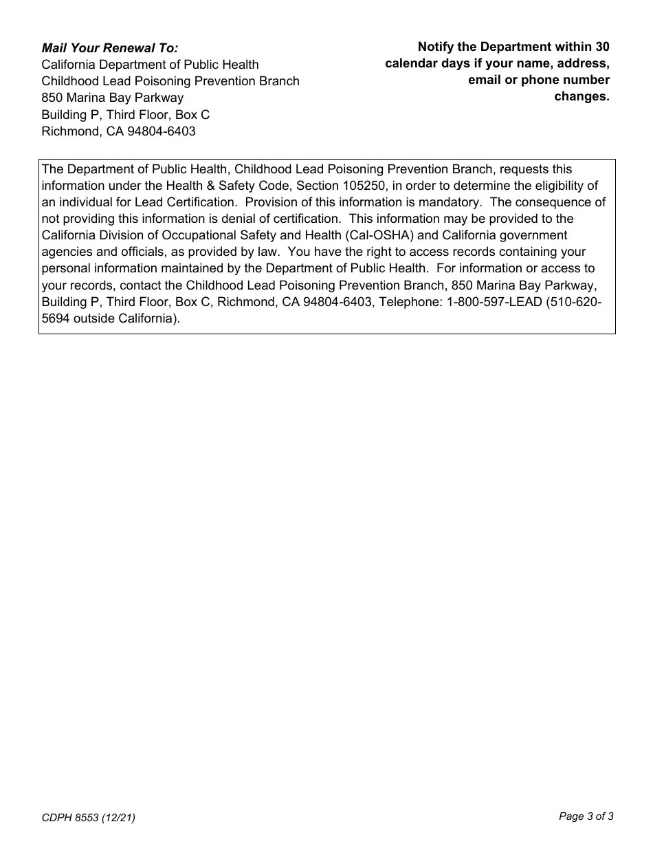 Form CDPH8553 Download Fillable PDF or Fill Online Lead Certification