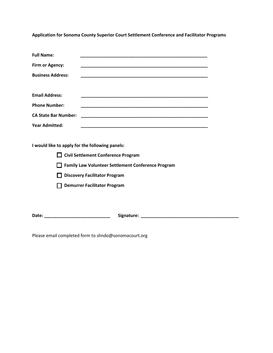 County of Sonoma, California Application for Sonoma County Superior