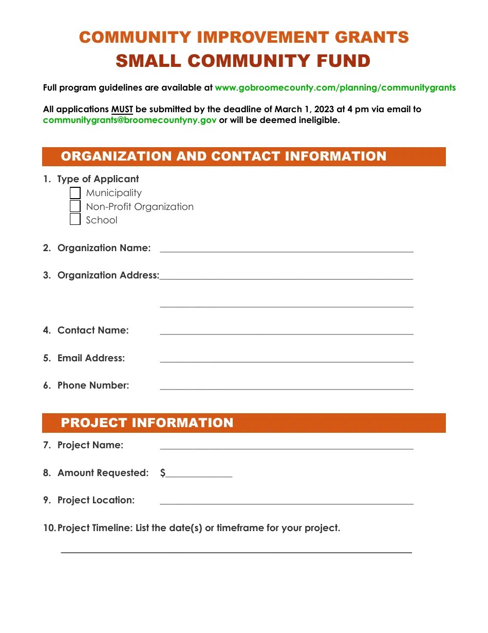 2023 Broome County, New York Community Improvement Grants Small Community Fund Application