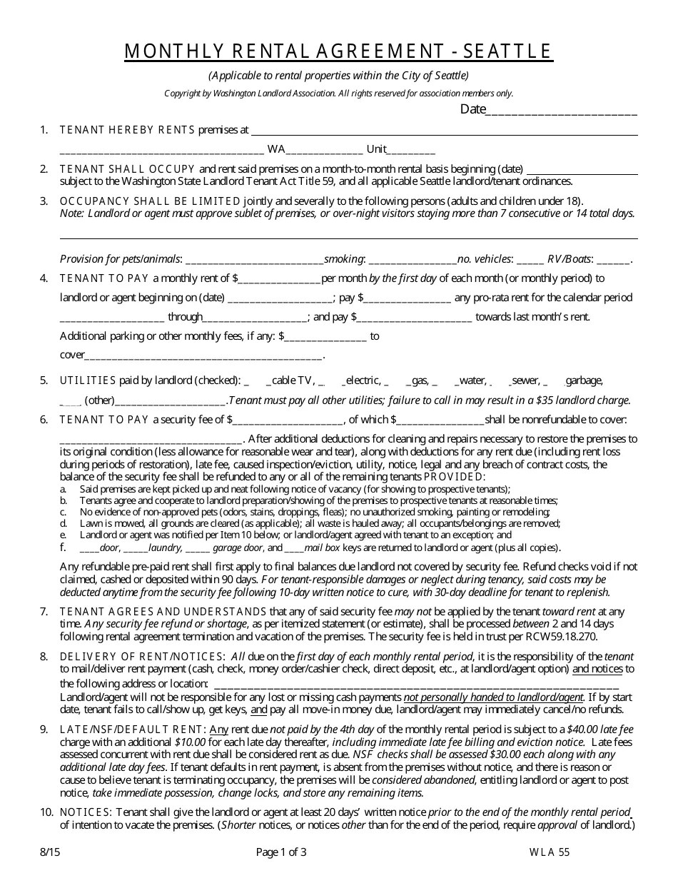 City of Seattle, Washington Monthly Rental Agreement Form Fill Out