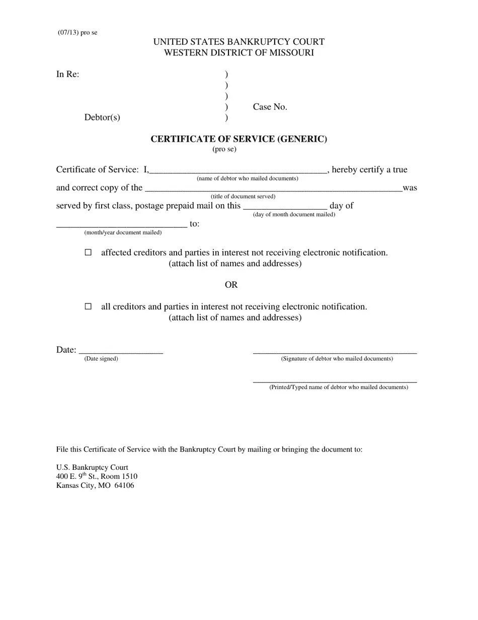 Missouri Certificate of Service (Generic) (Pro Se) Fill Out, Sign
