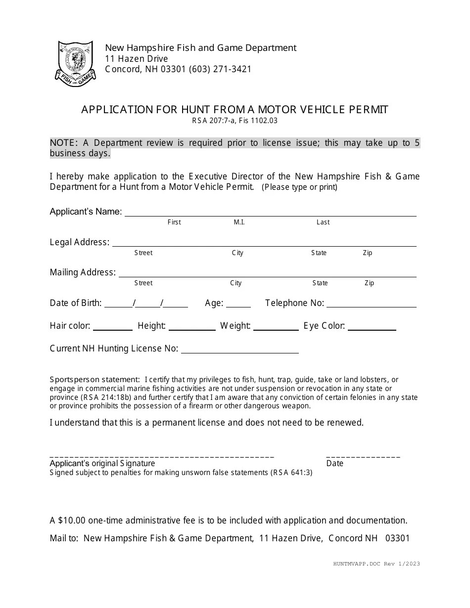 New Hampshire Application for Hunt From a Motor Vehicle Permit Fill
