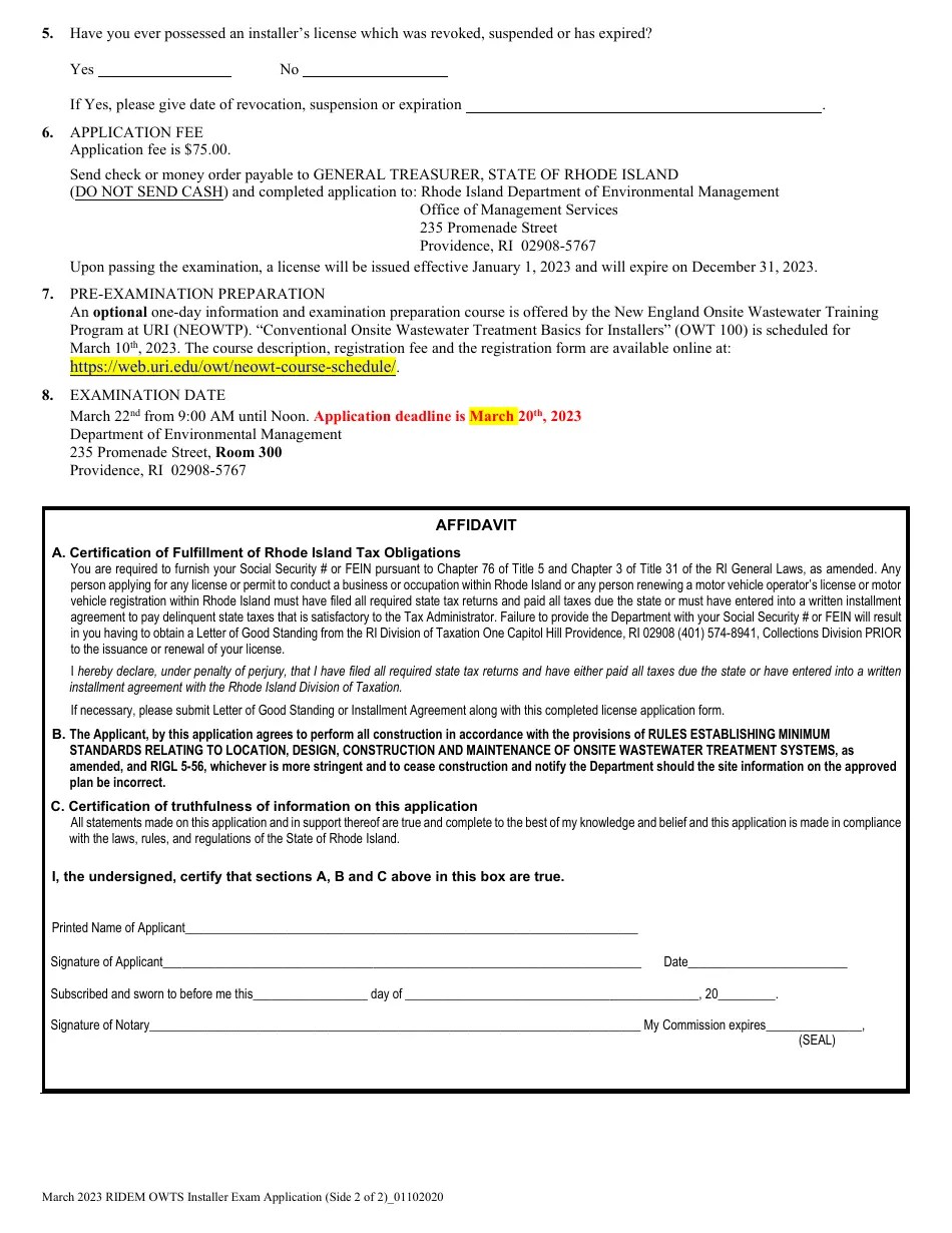 2023 Rhode Island Application for Examination and License to Install