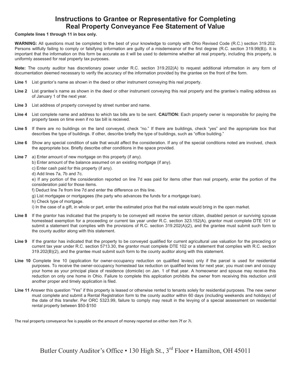 Form DTE100 Fill Out, Sign Online and Download Fillable PDF, Butler