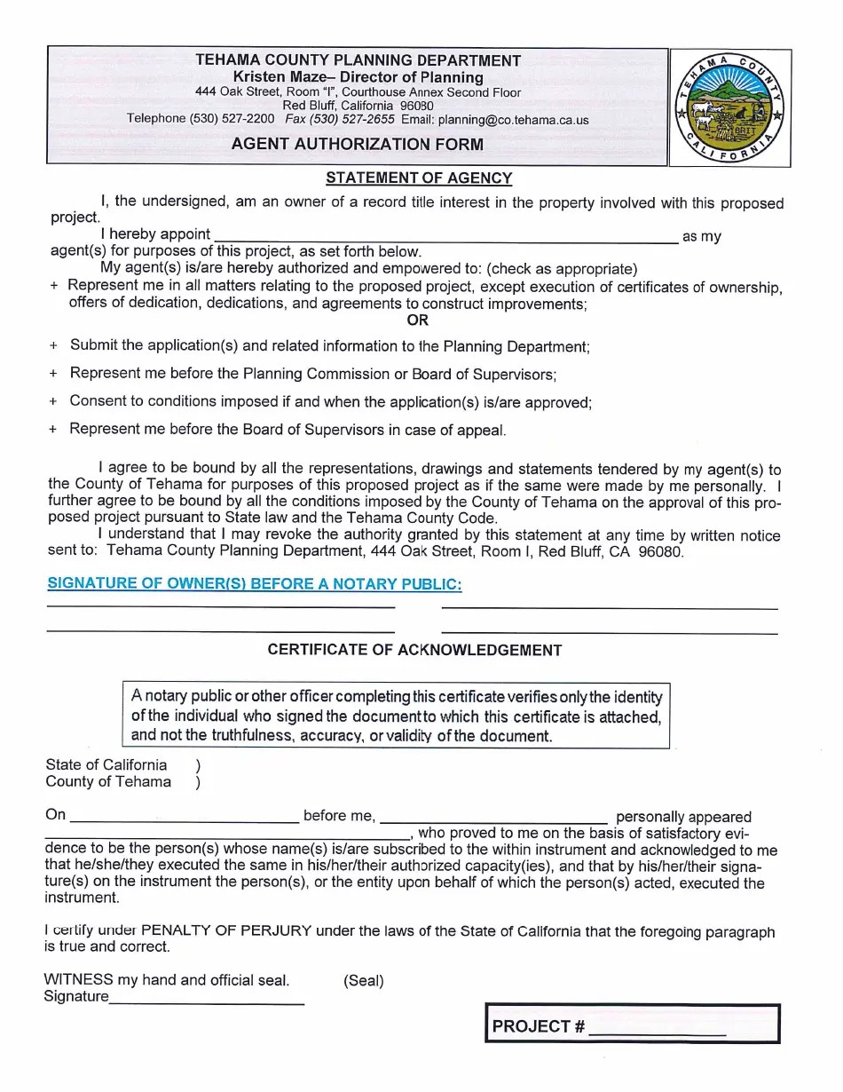 Tehama County, California Agent Authorization Form Fill Out, Sign