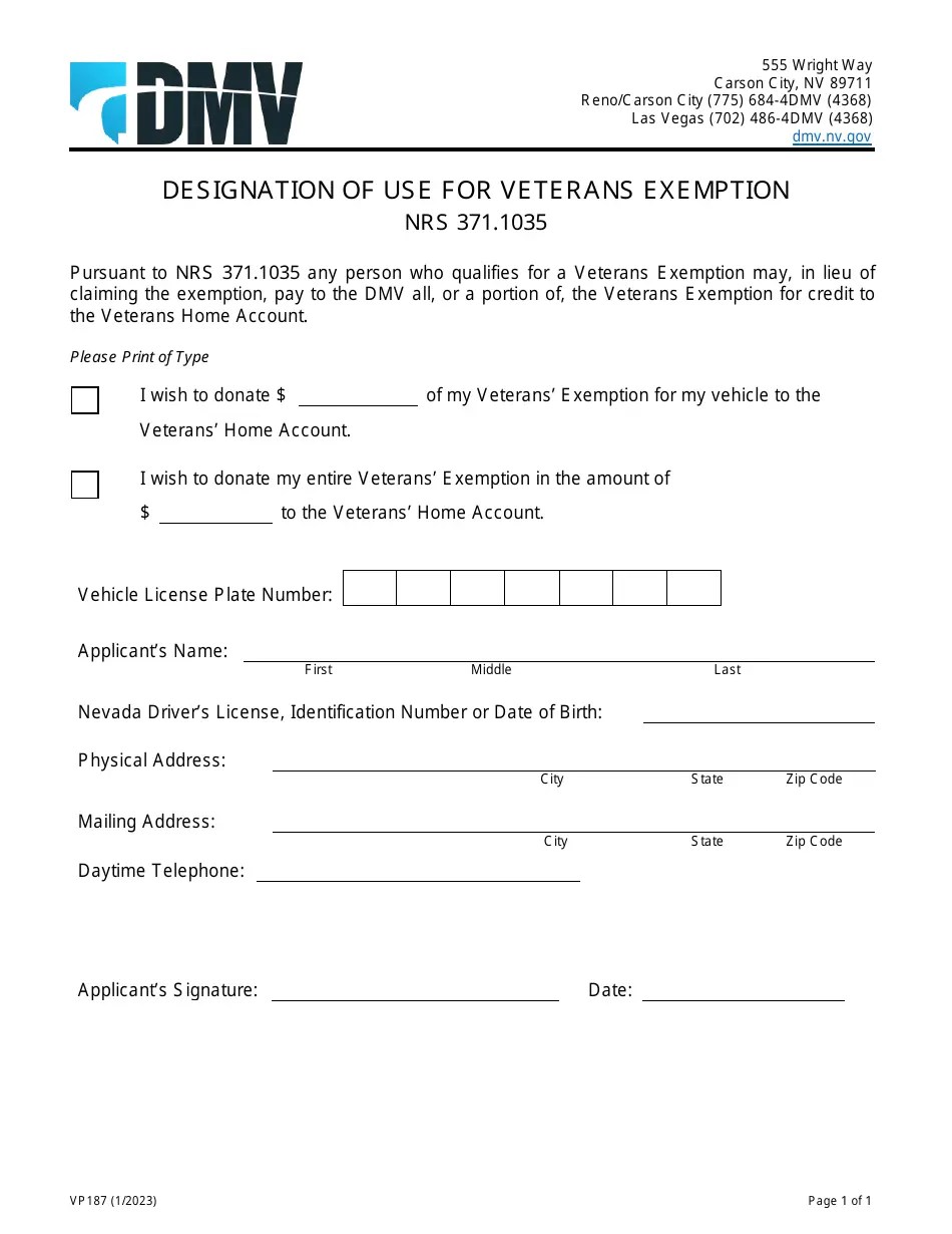 Form VP187 Download Fillable PDF or Fill Online Designation of Use for
