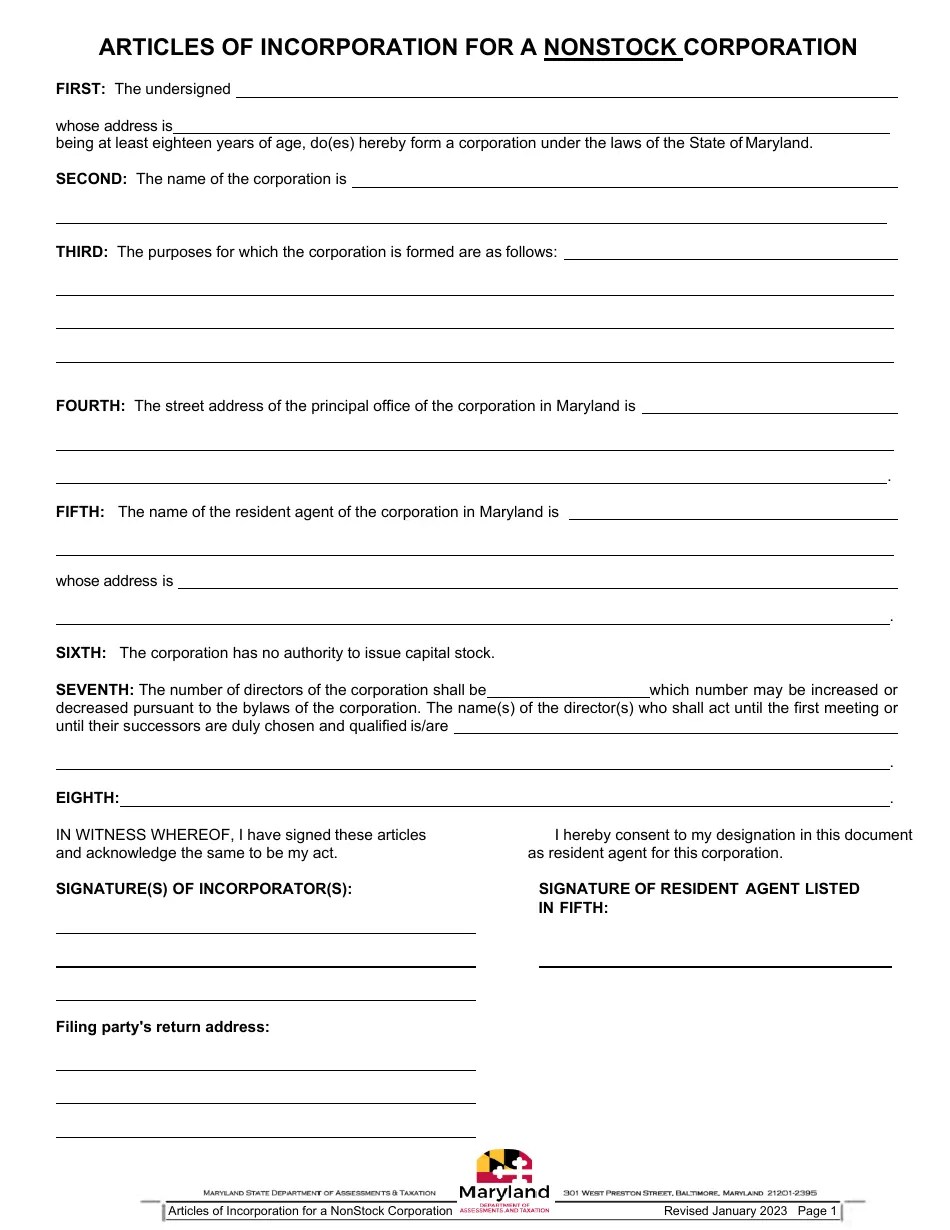Maryland Articles of Incorporation for a Nonstock Corporation Fill