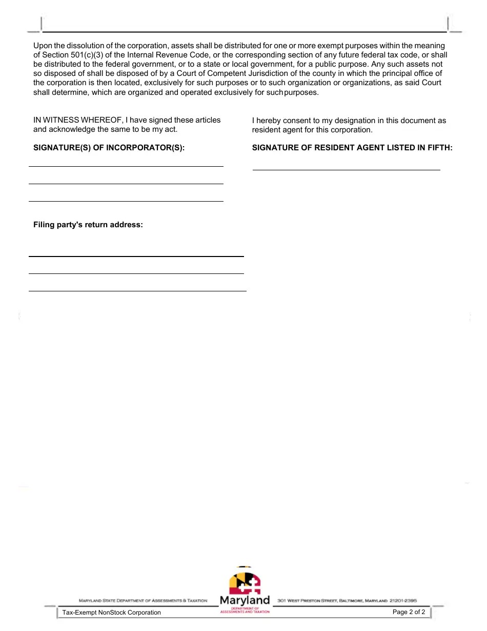 Maryland Articles of Incorporation for a TaxExempt Nonstock