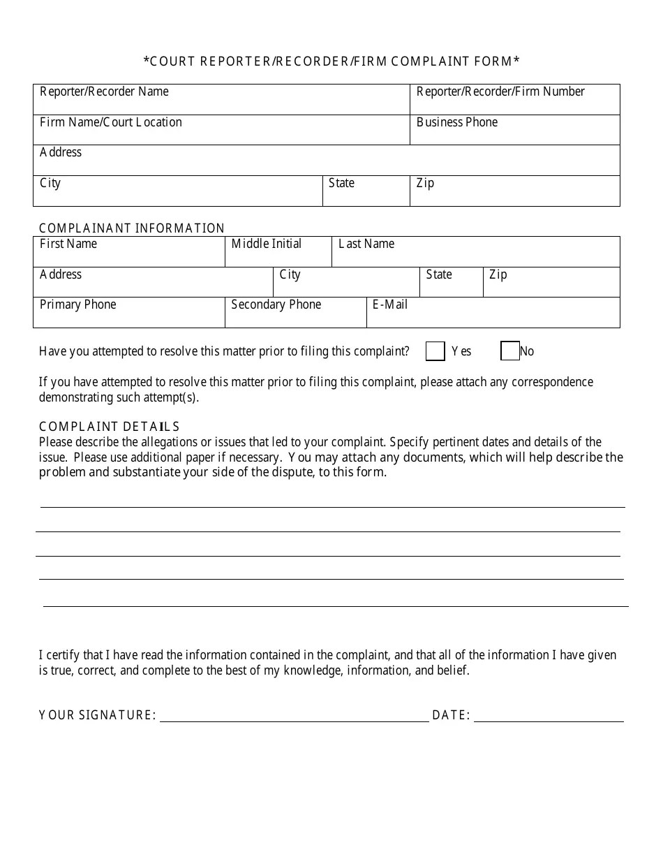 Michigan Court Reporter/Recorder/Firm Complaint Form Fill Out, Sign