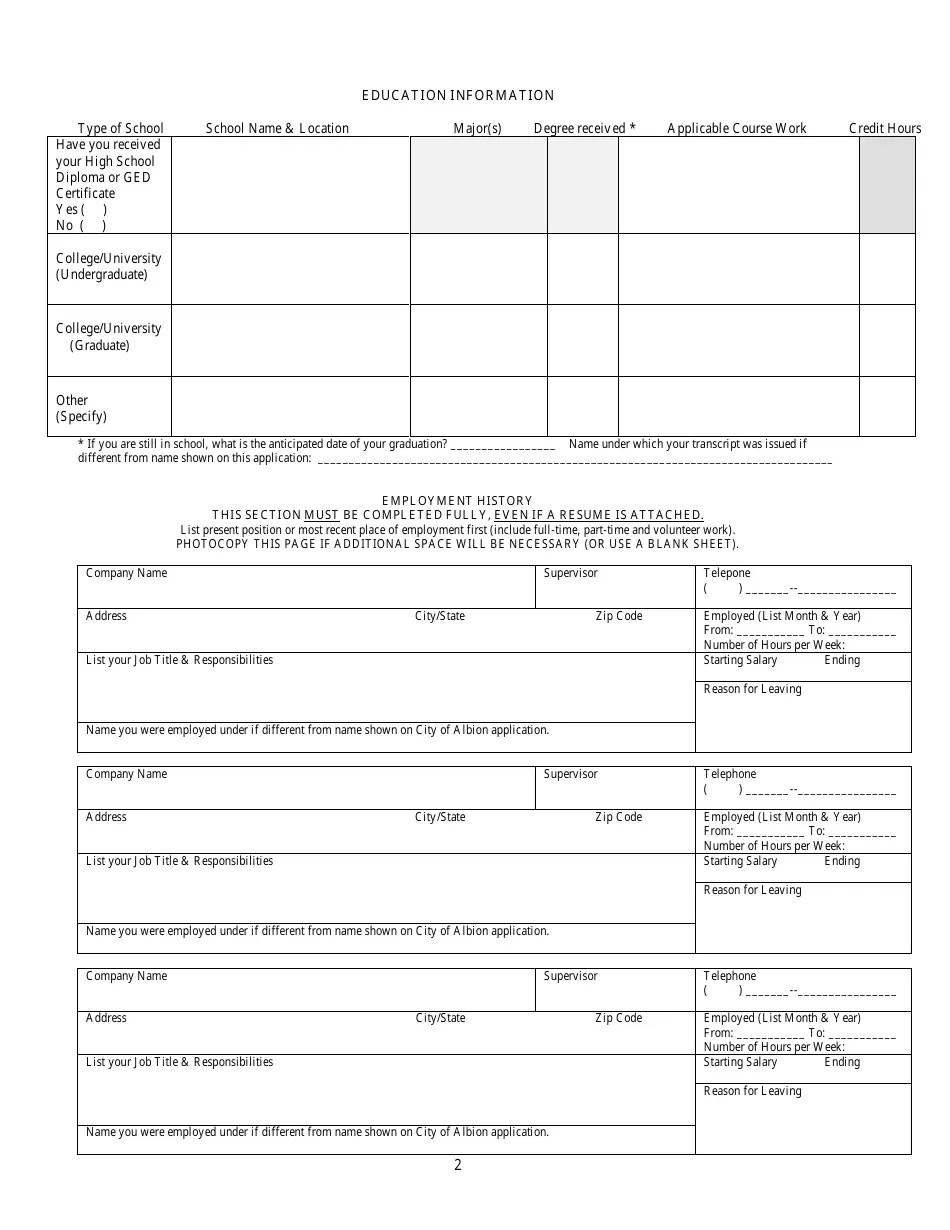 City of Albion, Michigan Application for PartTime or Seasonal