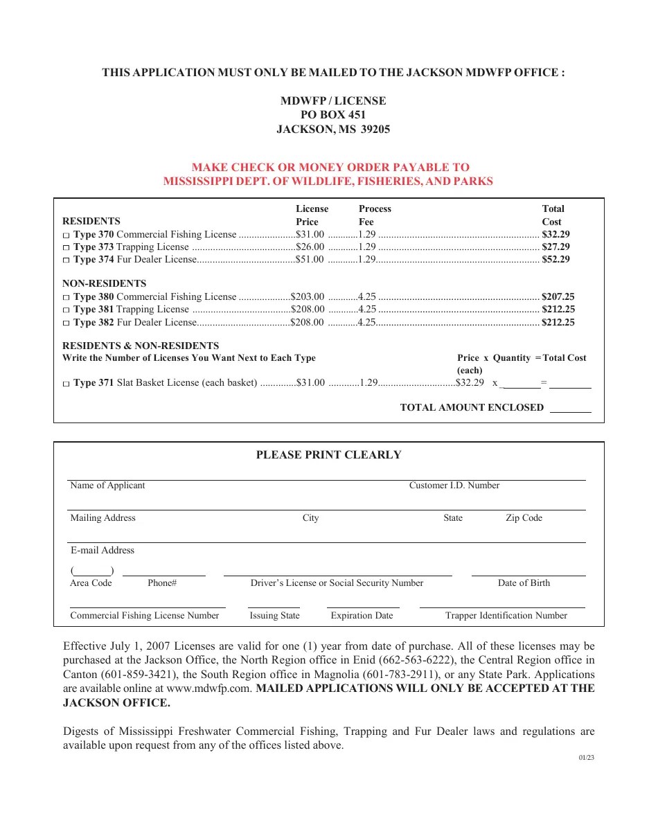 Mississippi Commercial Fishing, Trapping & Fur Dealer License