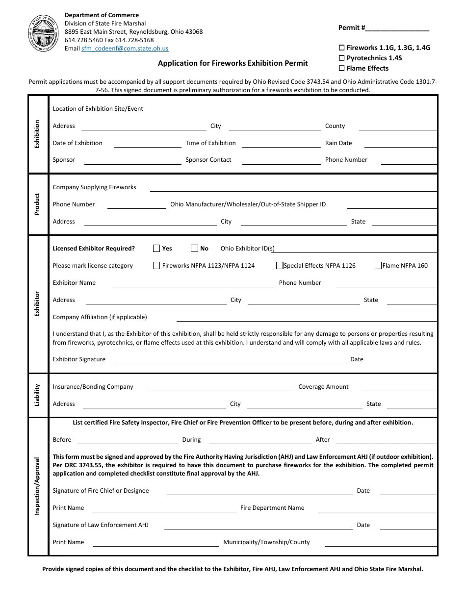 Ohio Application for Fireworks Exhibition Permit Fill Out, Sign