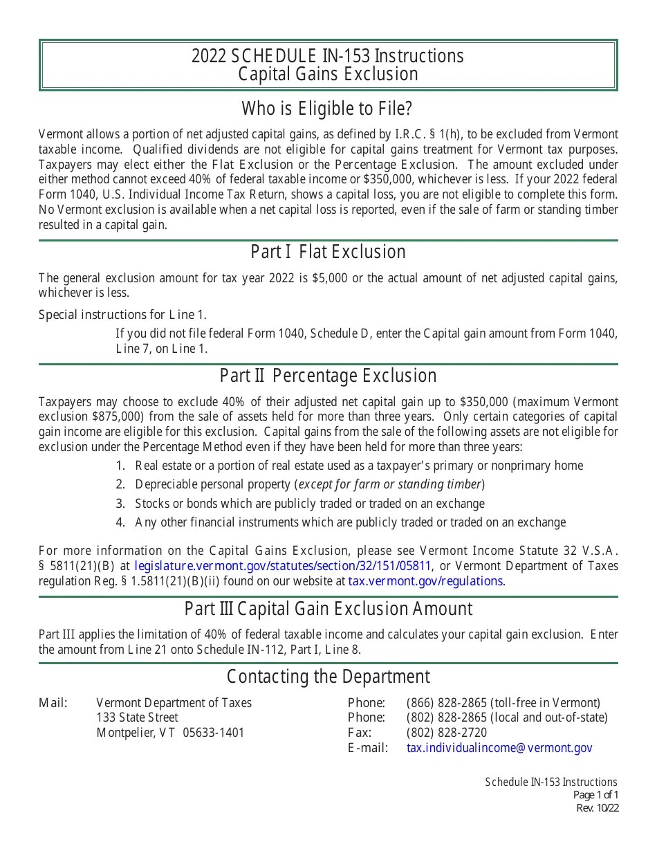 Download Instructions for Schedule IN153 Vermont Capital Gains