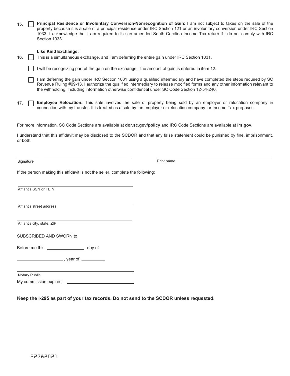 Form I295 Download Printable PDF or Fill Online Seller's Affidavit