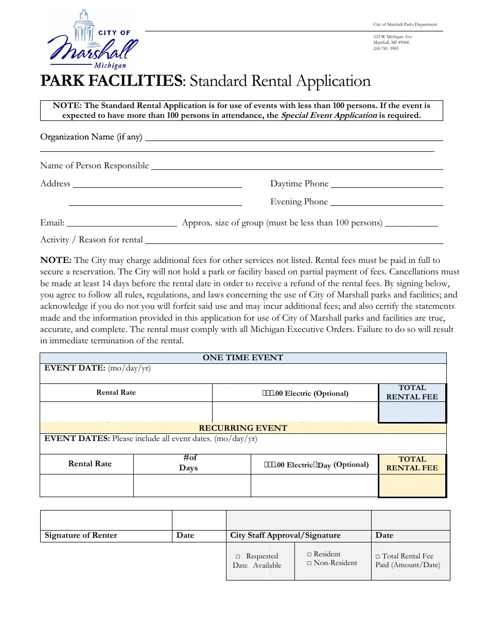 City of Marshall, Michigan Park Facilities Standard Rental Application