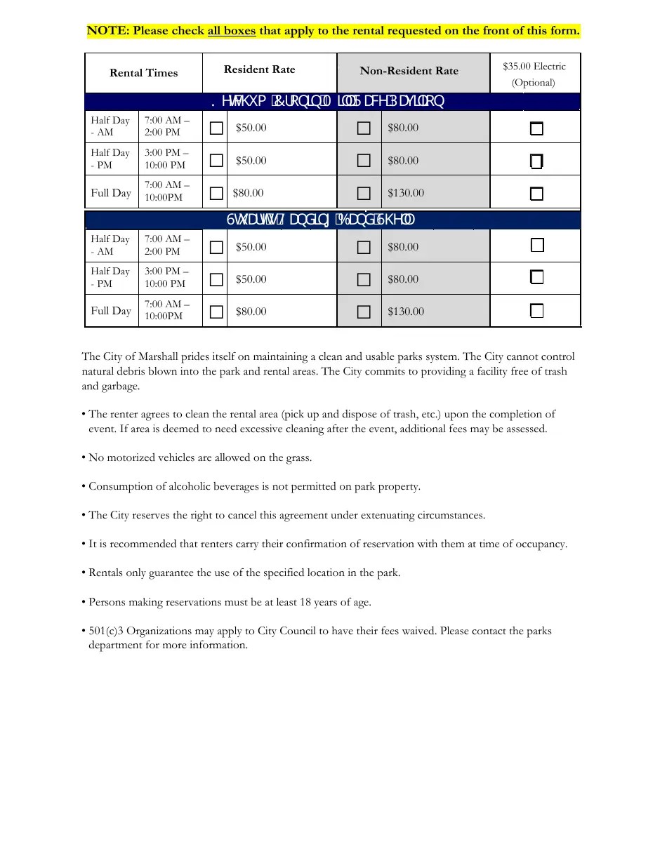 City of Marshall, Michigan Park Facilities Standard Rental Application