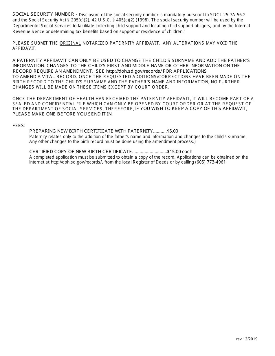 South Dakota Voluntary Acknowledgment of Paternity Fill Out, Sign
