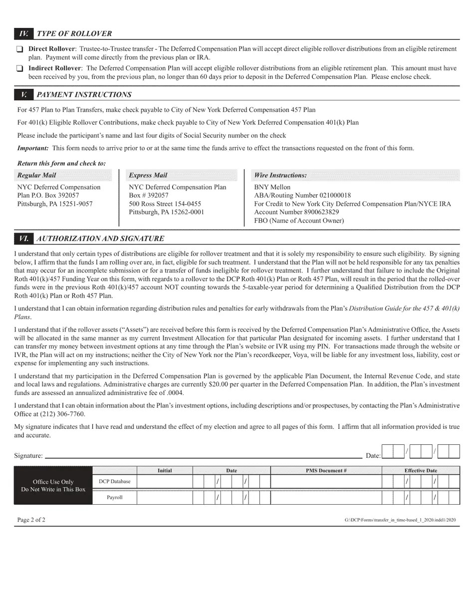 New York City Deferred Compensation Plan Rollover/Transfer of
