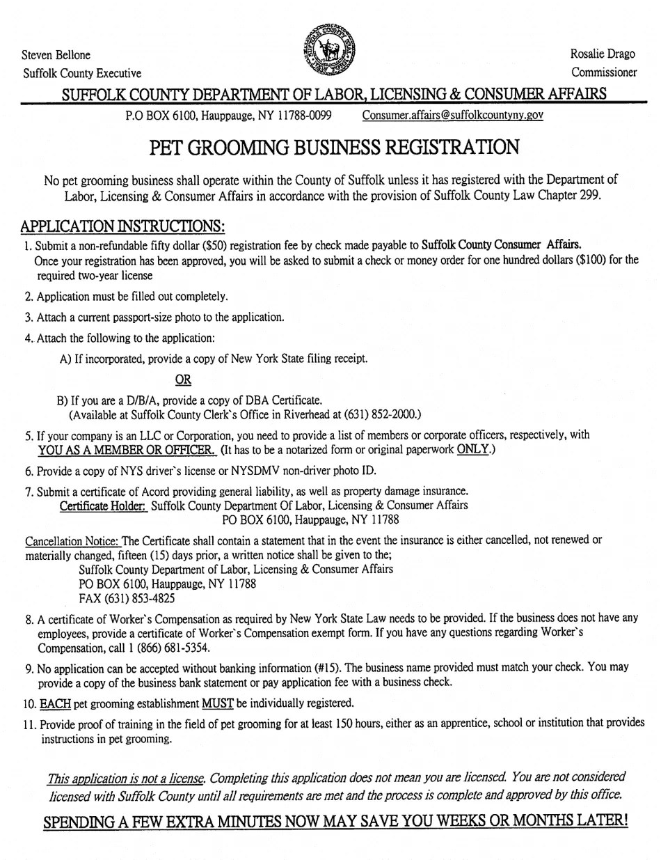 Suffolk County, New York Pet Grooming Business Registration Application