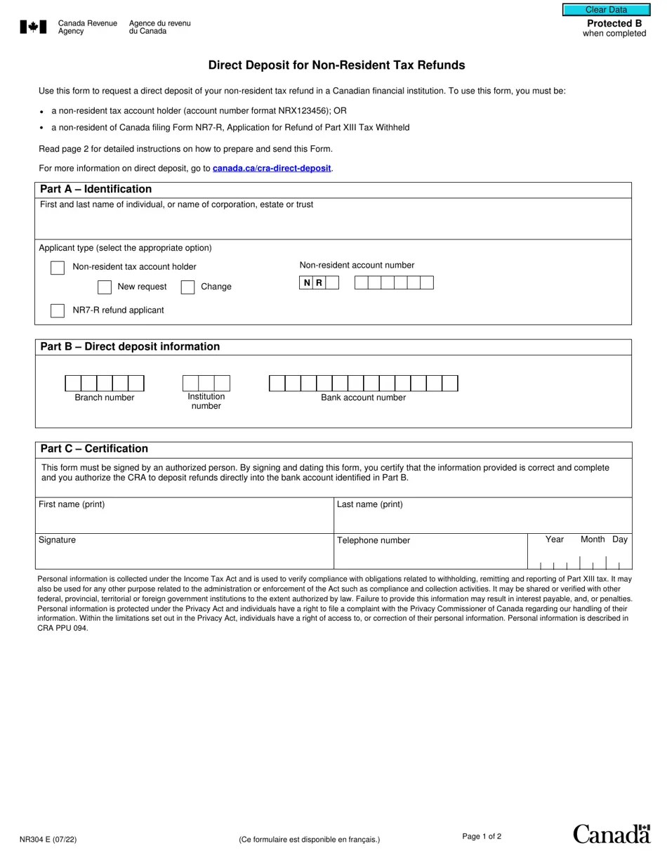 Form NR304 Download Fillable PDF or Fill Online Direct Deposit for Non