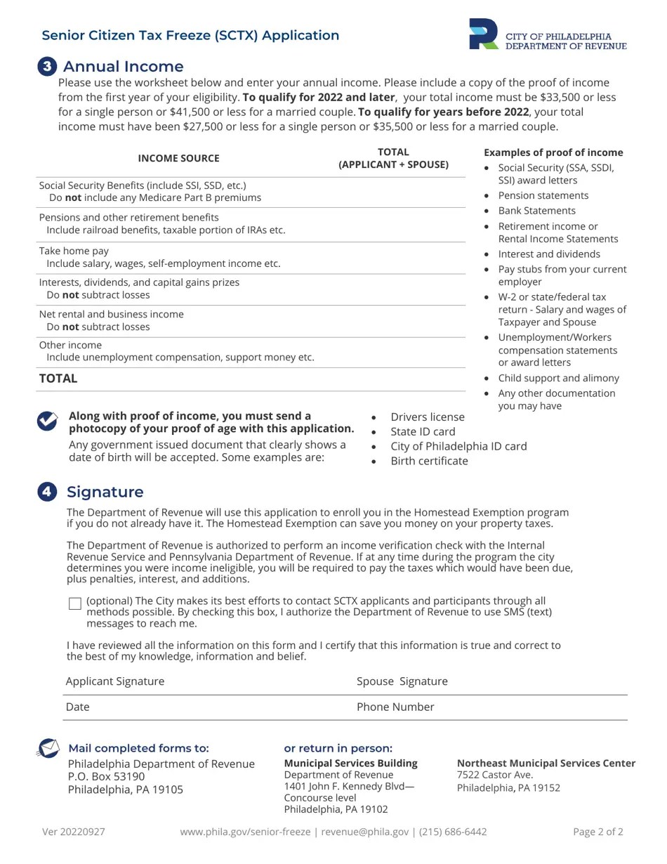 2023 City of Philadelphia, Pennsylvania Senior Citizen Tax Freeze Program (Sctx) Application