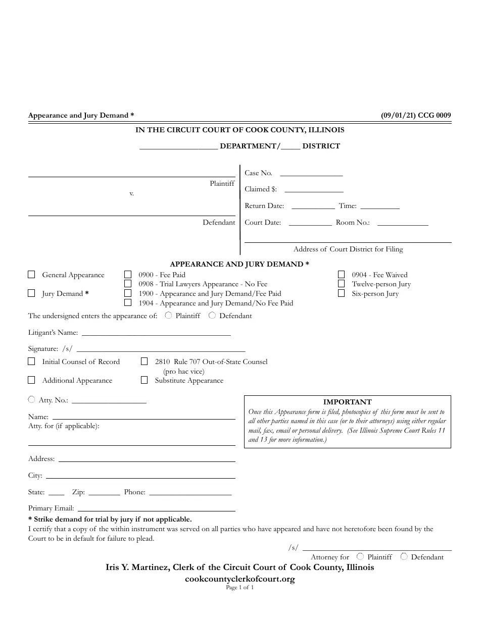 Form CCG0009 Download Fillable PDF or Fill Online Appearance and Jury