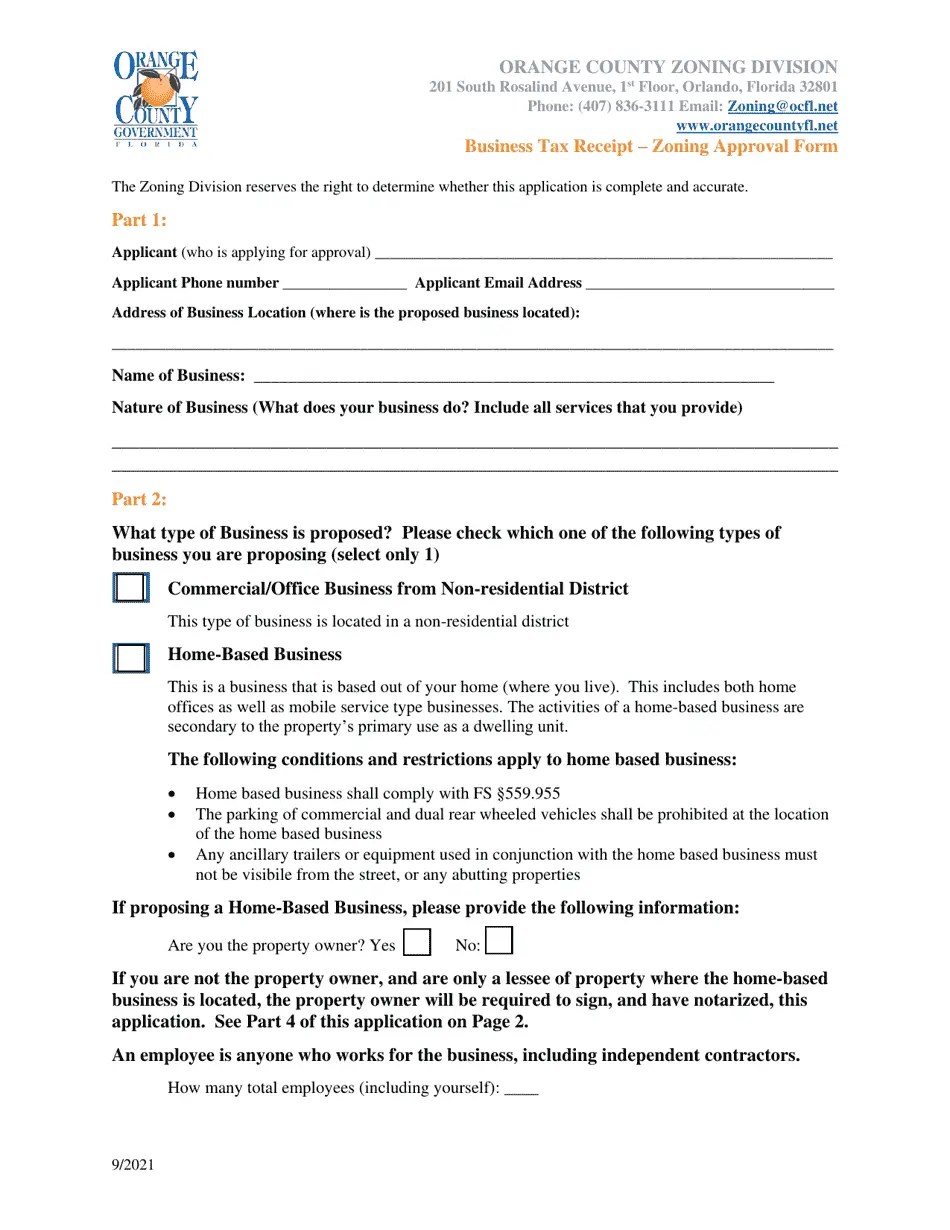 Orange County, Florida Business Tax Receipt Zoning Approval Form