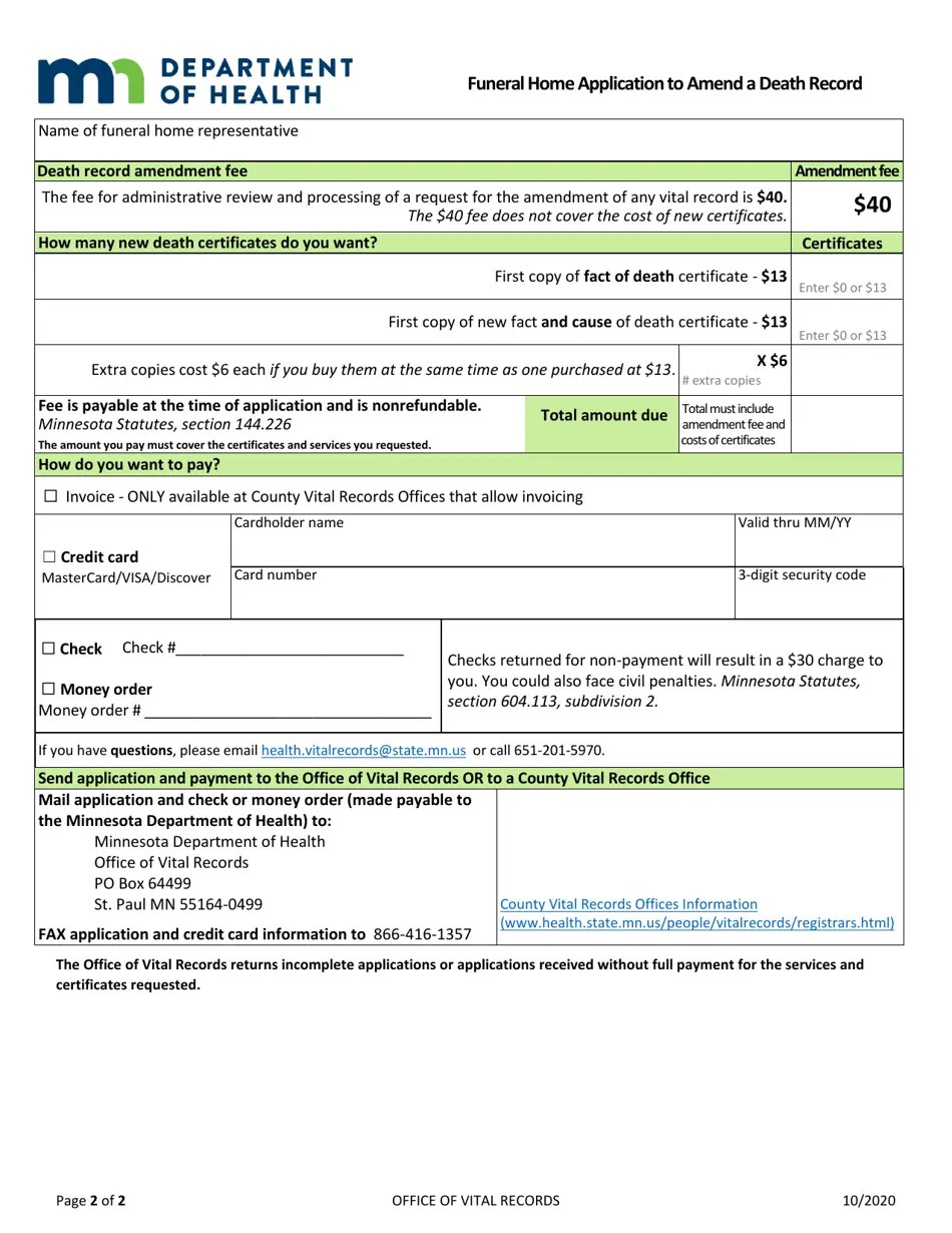 Minnesota Funeral Home Application to Amend a Minnesota Death Record